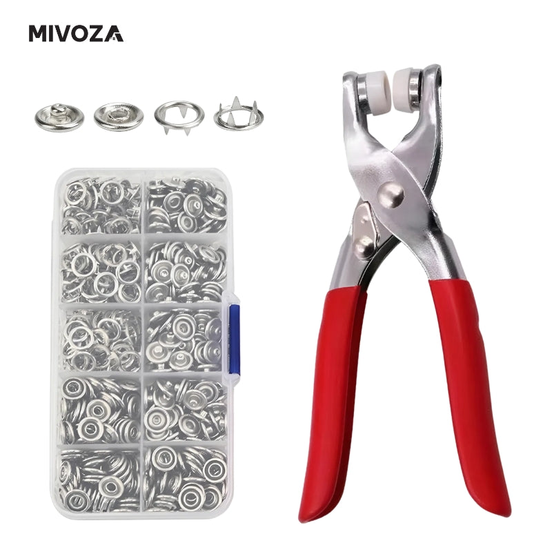 "Druckknopf-Set mit Metallknöpfen, roter Zange und Aufbewahrungsbox für kreative Textilprojekte."