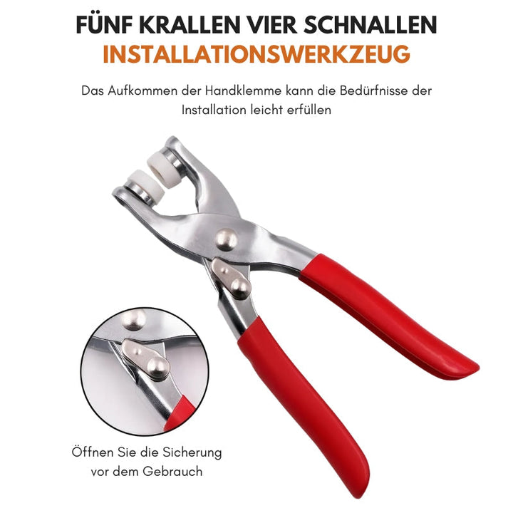 "Druckknopf-Set mit Metallknöpfen, roter Zange und Aufbewahrungsbox für kreative Textilprojekte."
