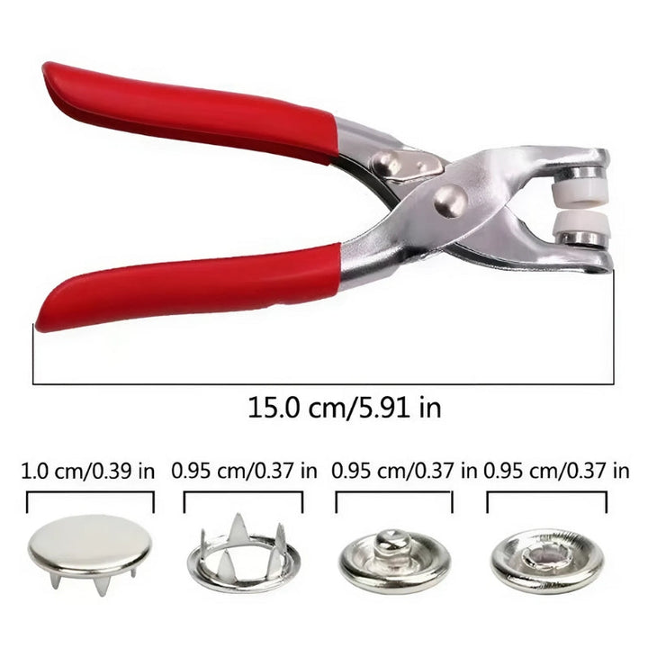 "Druckknopf-Set mit Metallknöpfen, roter Zange und Aufbewahrungsbox für kreative Textilprojekte."