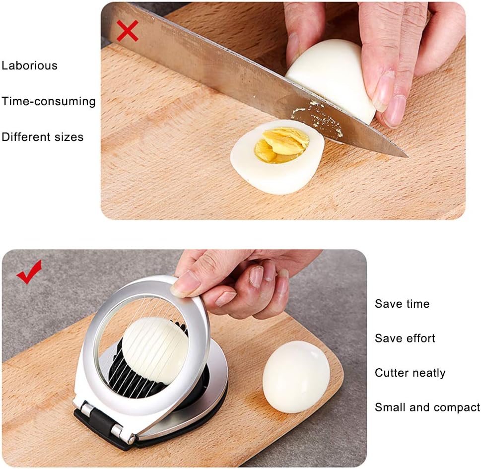 "Edelstahl-Eierschneider 3-in-1, perfekt für Scheiben, Spalten und Würfeln, mit robustem Design und scharfen Klingen."