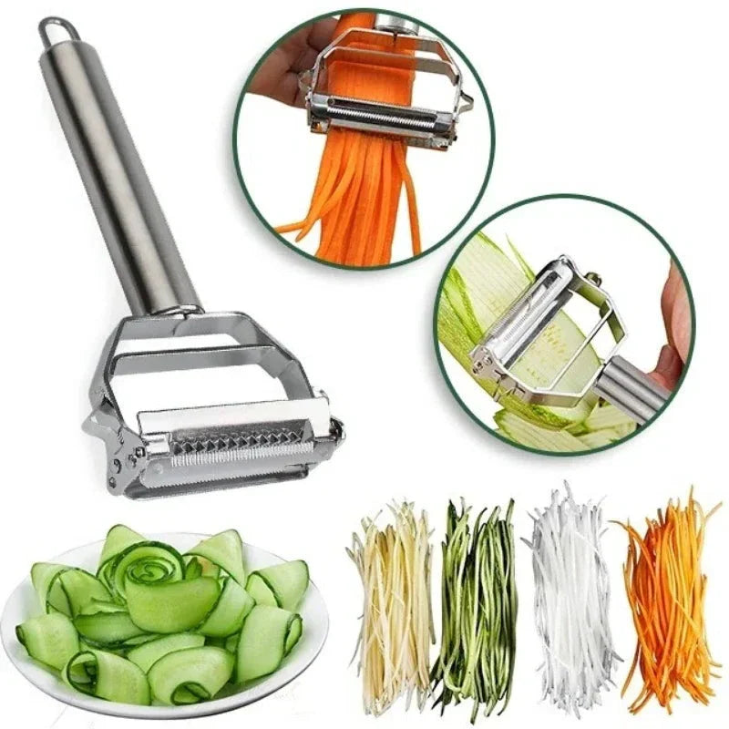 "Edelstahl Gemüsehobel mit zwei scharfen Klingen, perfekt für Julienne und feine Scheiben, ergonomisches Design, silber."