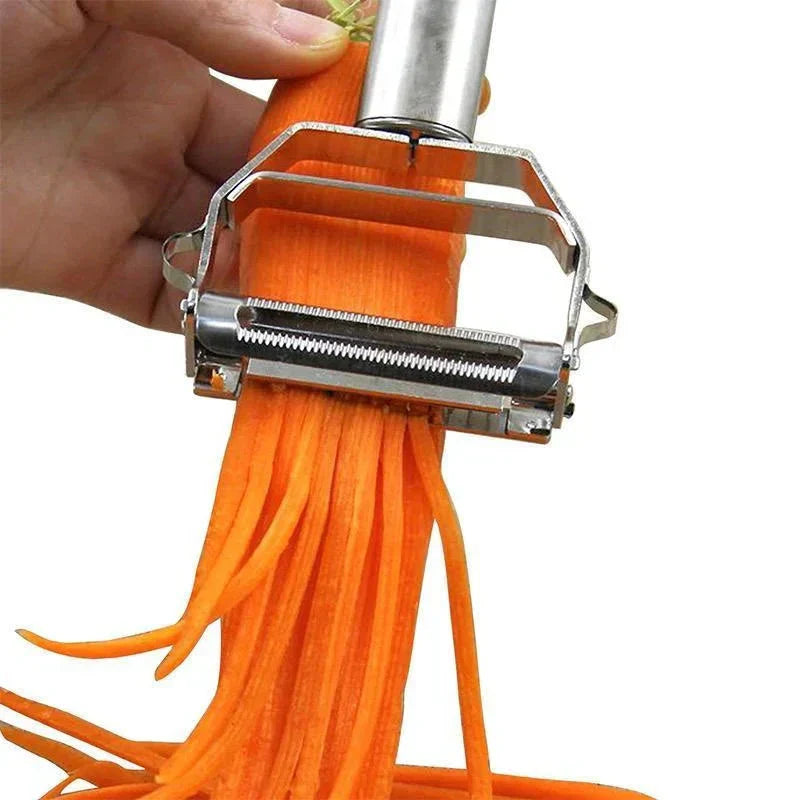 "Edelstahl Gemüsehobel mit zwei scharfen Klingen, perfekt für Julienne und feine Scheiben, ergonomisches Design, silber."