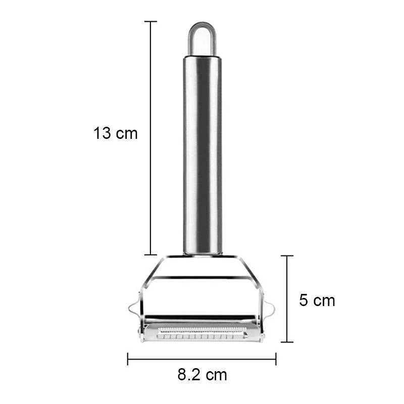 "Edelstahl Gemüsehobel mit zwei scharfen Klingen, perfekt für Julienne und feine Scheiben, ergonomisches Design, silber."