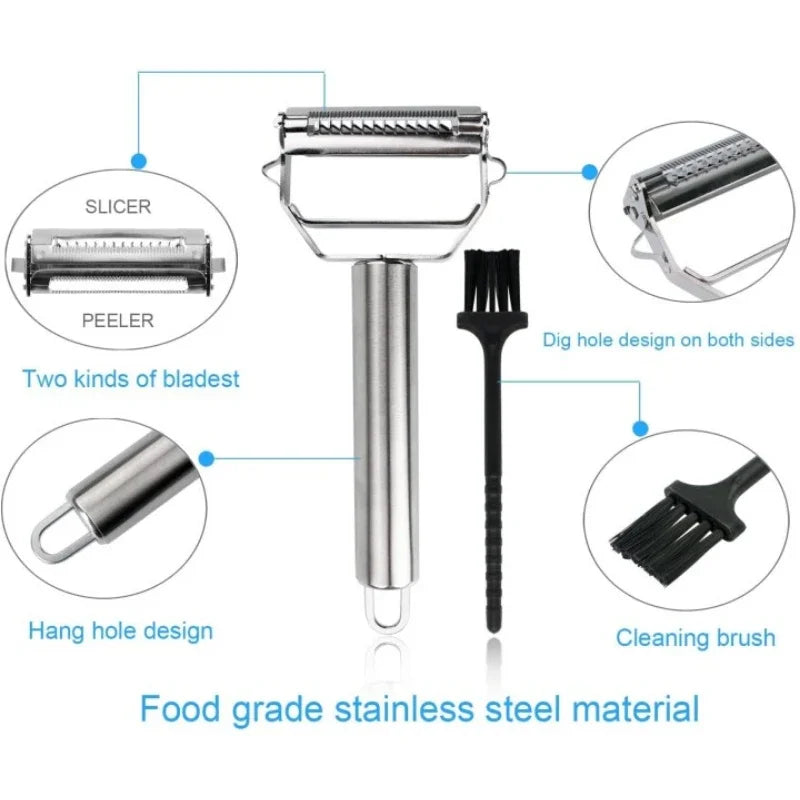 "Edelstahl Gemüsehobel mit zwei scharfen Klingen, perfekt für Julienne und feine Scheiben, ergonomisches Design, silber."