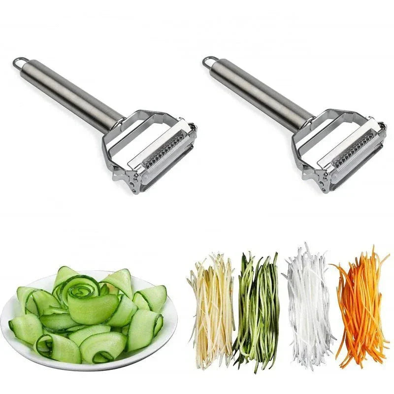 "Edelstahl Gemüsehobel mit zwei scharfen Klingen, perfekt für Julienne und feine Scheiben, ergonomisches Design, silber."