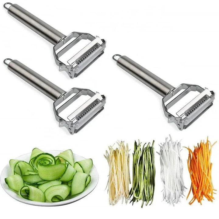 "Edelstahl Gemüsehobel mit zwei scharfen Klingen, perfekt für Julienne und feine Scheiben, ergonomisches Design, silber."