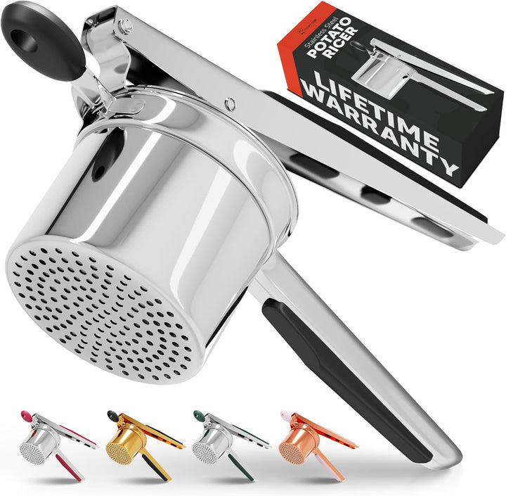 "Edelstahl-Kartoffelpresse mit rutschfesten Silikongriffen und großem Korb für gleichmäßiges Püree, in ergonomischem Design."