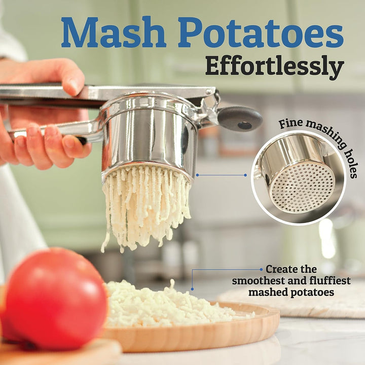 "Edelstahl-Kartoffelpresse mit rutschfesten Silikongriffen und großem Korb für gleichmäßiges Püree, in ergonomischem Design."