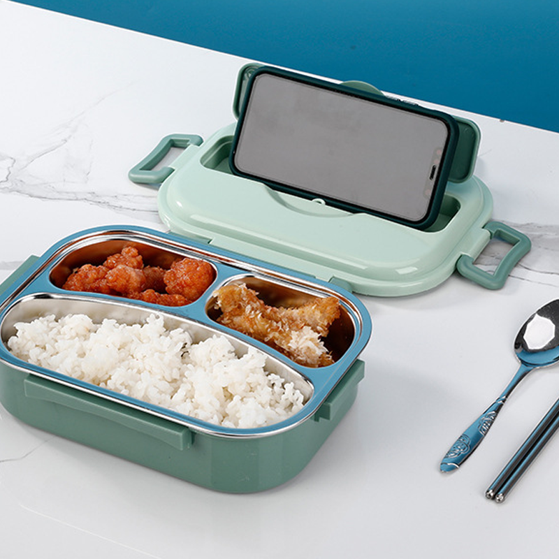 "Edelstahl Thermo-Lunchbox mit 3 oder 4 Fächern und Suppenschüssel in Gelb, Grün, Rosa oder Blau, ideal für unterwegs."