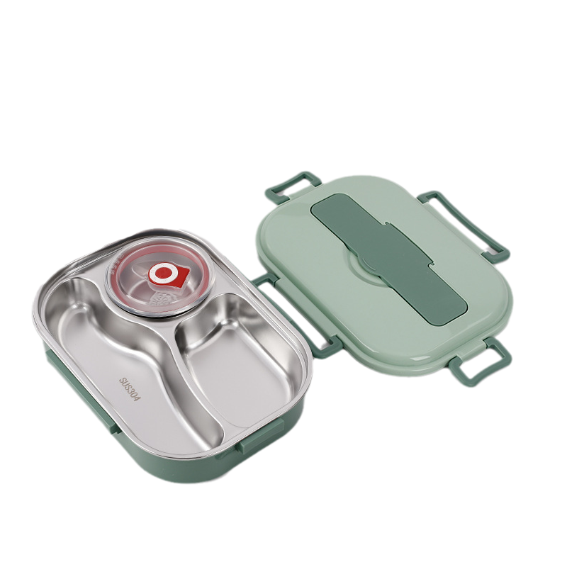 "Edelstahl Thermo-Lunchbox mit 3 oder 4 Fächern und Suppenschüssel in Gelb, Grün, Rosa oder Blau, ideal für unterwegs."