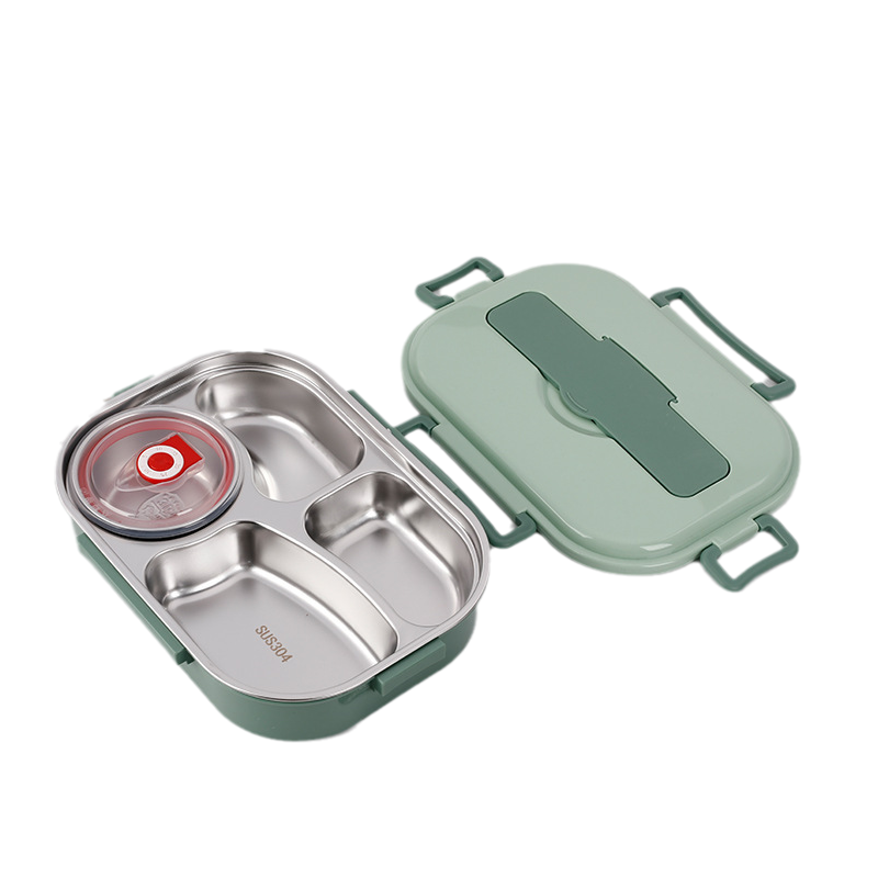 "Edelstahl Thermo-Lunchbox mit 3 oder 4 Fächern und Suppenschüssel in Gelb, Grün, Rosa oder Blau, ideal für unterwegs."