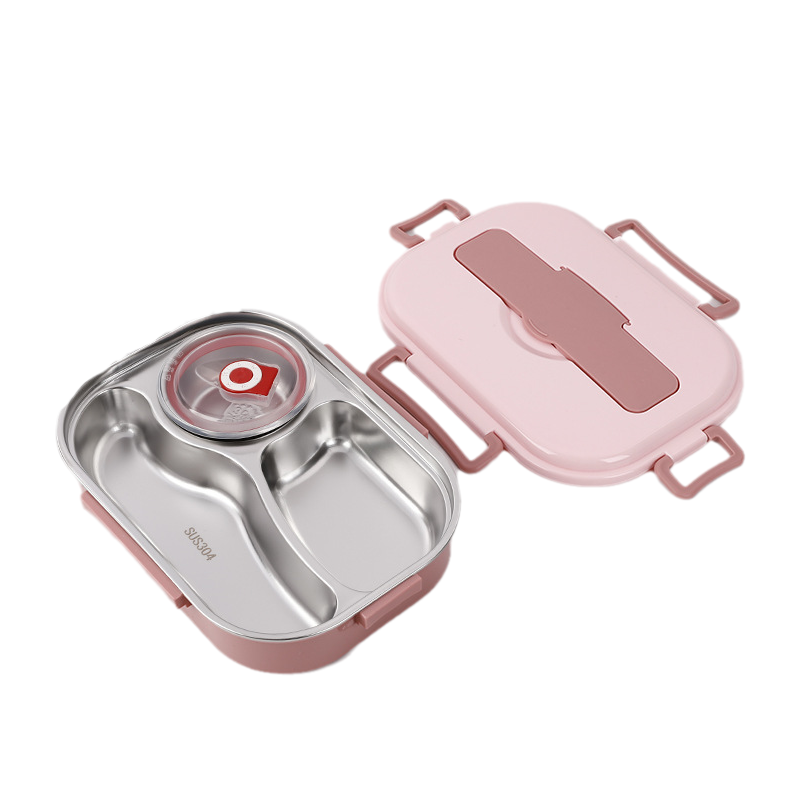 "Edelstahl Thermo-Lunchbox mit 3 oder 4 Fächern und Suppenschüssel in Gelb, Grün, Rosa oder Blau, ideal für unterwegs."