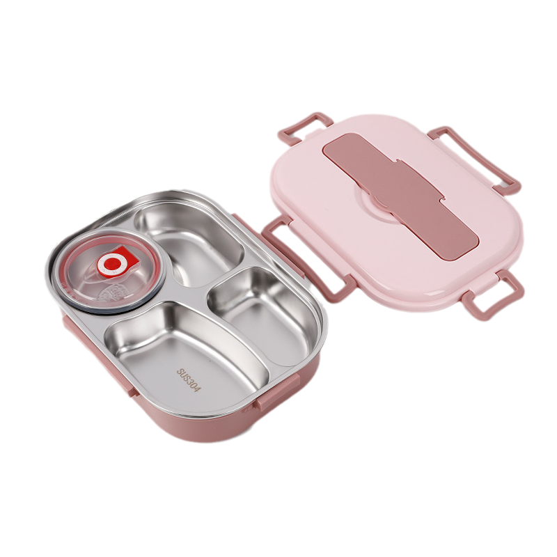 "Edelstahl Thermo-Lunchbox mit 3 oder 4 Fächern und Suppenschüssel in Gelb, Grün, Rosa oder Blau, ideal für unterwegs."