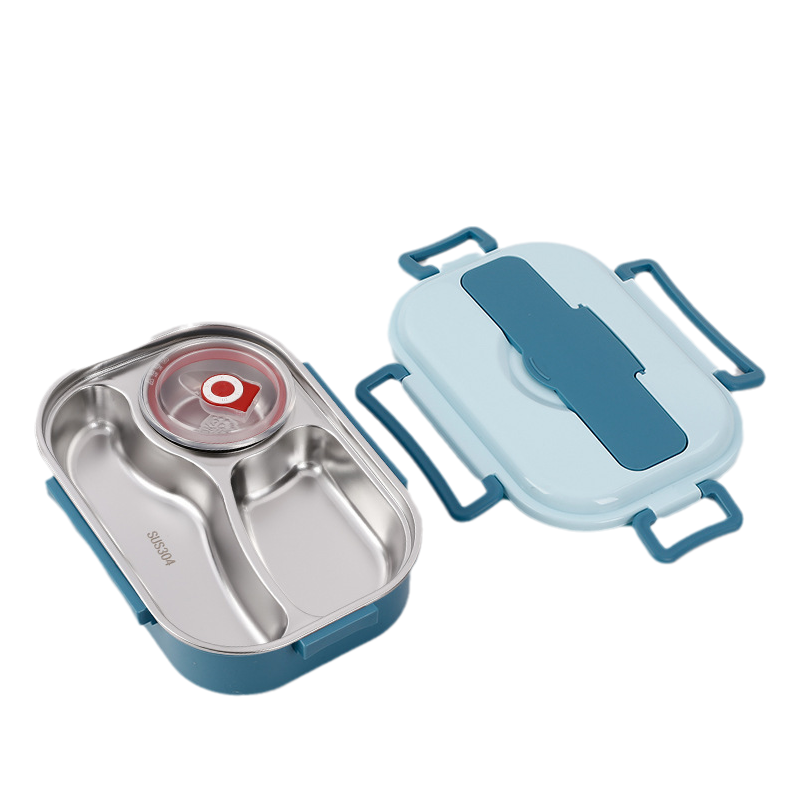 "Edelstahl Thermo-Lunchbox mit 3 oder 4 Fächern und Suppenschüssel in Gelb, Grün, Rosa oder Blau, ideal für unterwegs."