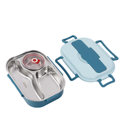 "Edelstahl Thermo-Lunchbox mit 3 oder 4 Fächern und Suppenschüssel in Gelb, Grün, Rosa oder Blau, ideal für unterwegs."