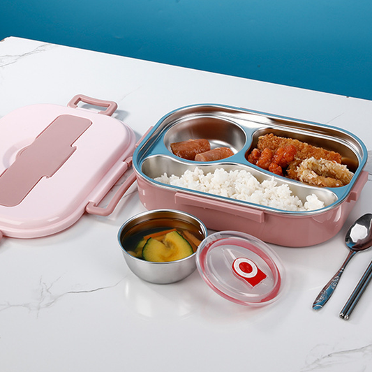 "Edelstahl Thermo-Lunchbox mit 3 oder 4 Fächern und Suppenschüssel in Gelb, Grün, Rosa oder Blau, ideal für unterwegs."