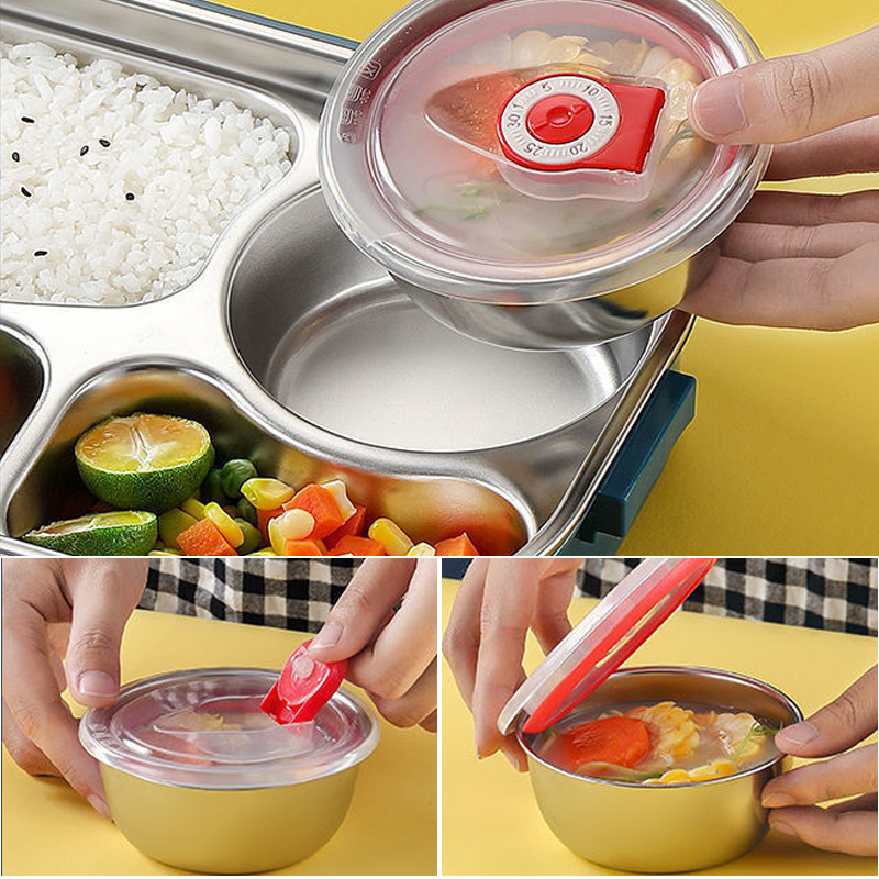 "Edelstahl Thermo-Lunchbox mit 3 oder 4 Fächern und Suppenschüssel in Gelb, Grün, Rosa oder Blau, ideal für unterwegs."