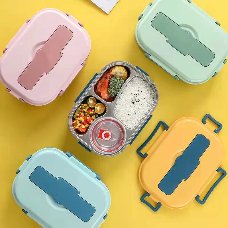 "Edelstahl Thermo-Lunchbox mit 3 oder 4 Fächern und Suppenschüssel in Gelb, Grün, Rosa oder Blau, ideal für unterwegs."