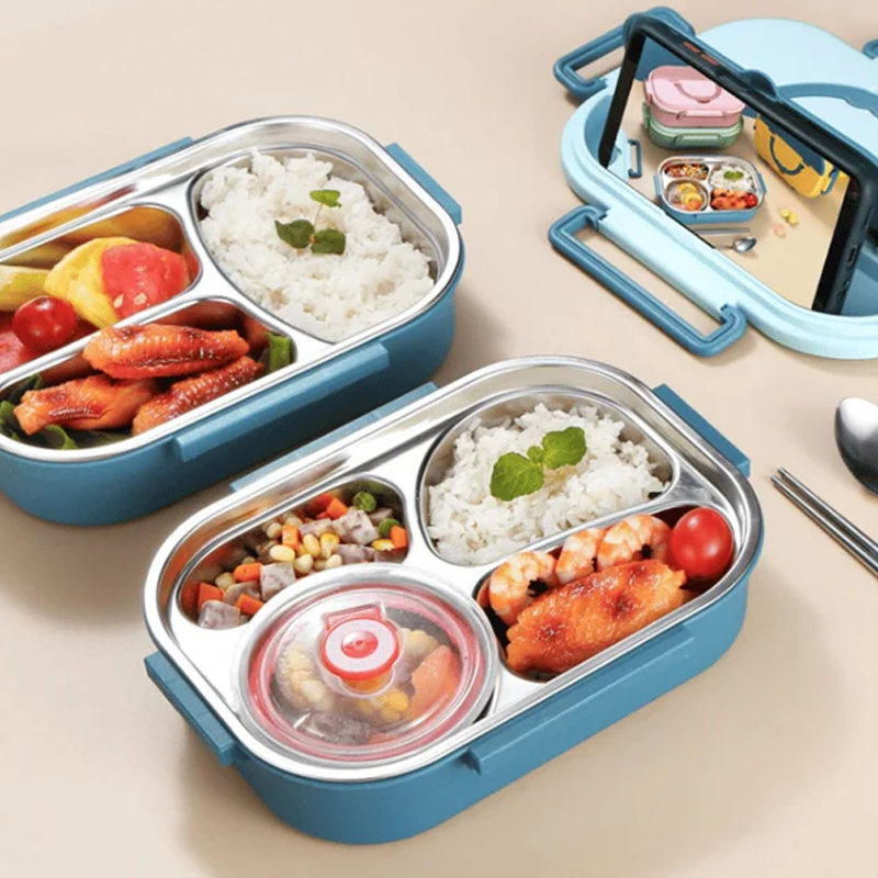 "Edelstahl Thermo-Lunchbox mit 3 oder 4 Fächern und Suppenschüssel in Gelb, Grün, Rosa oder Blau, ideal für unterwegs."