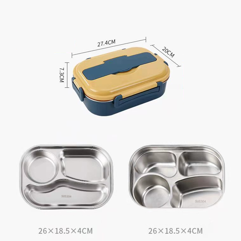 "Edelstahl Thermo-Lunchbox mit 3 oder 4 Fächern und Suppenschüssel in Gelb, Grün, Rosa oder Blau, ideal für unterwegs."