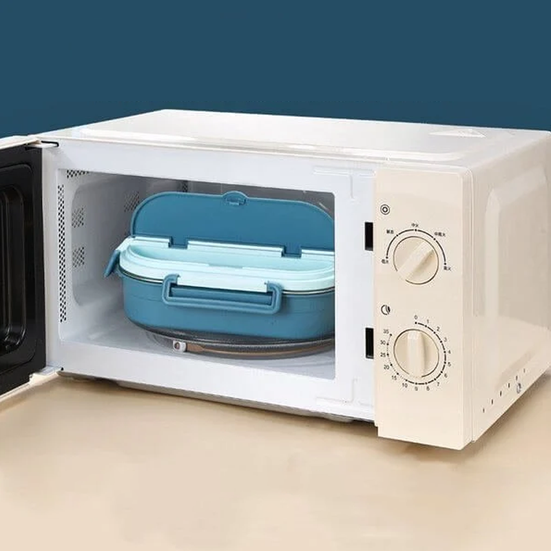 "Edelstahl Thermo-Lunchbox mit 3 oder 4 Fächern und Suppenschüssel in Gelb, Grün, Rosa oder Blau, ideal für unterwegs."