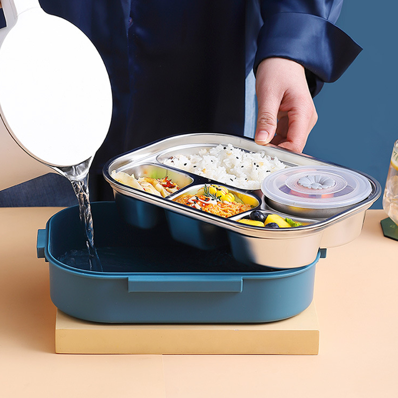 "Edelstahl Thermo-Lunchbox mit 3 oder 4 Fächern und Suppenschüssel in Gelb, Grün, Rosa oder Blau, ideal für unterwegs."