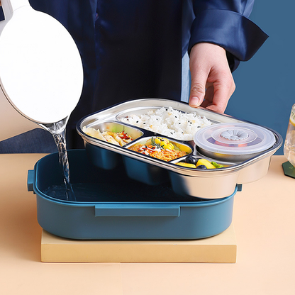 "Edelstahl Thermo-Lunchbox mit 3 oder 4 Fächern und Suppenschüssel in Gelb, Grün, Rosa oder Blau, ideal für unterwegs."