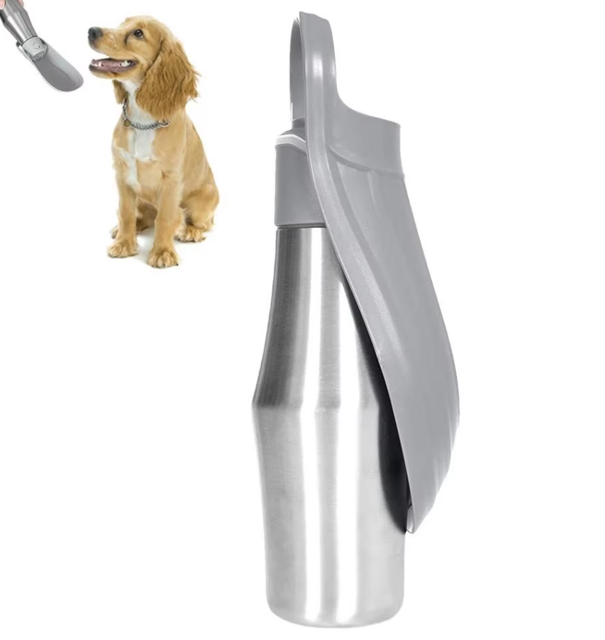 Edelstahl-Trinkflasche für Hunde, tragbarer Wasserspender mit integriertem faltbarem Napf, ideal für unterwegs.
