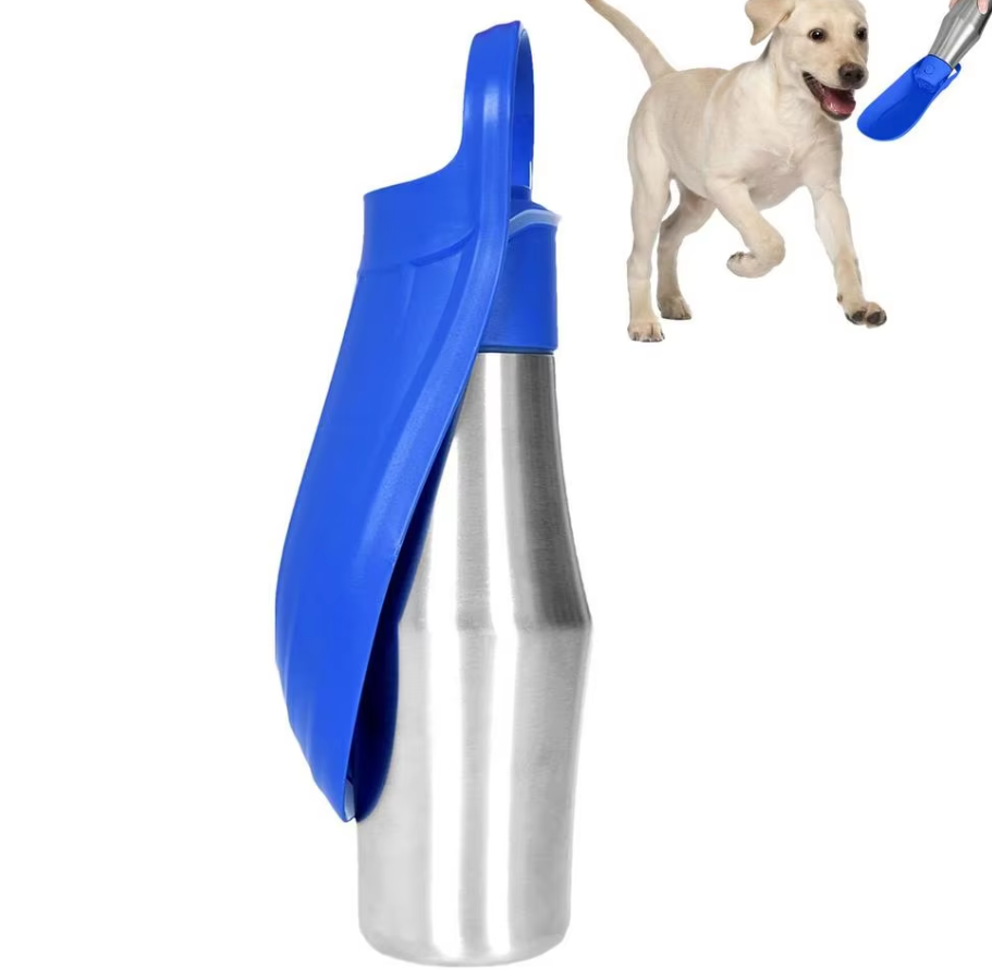 Edelstahl-Trinkflasche für Hunde, tragbarer Wasserspender mit integriertem faltbarem Napf, ideal für unterwegs.