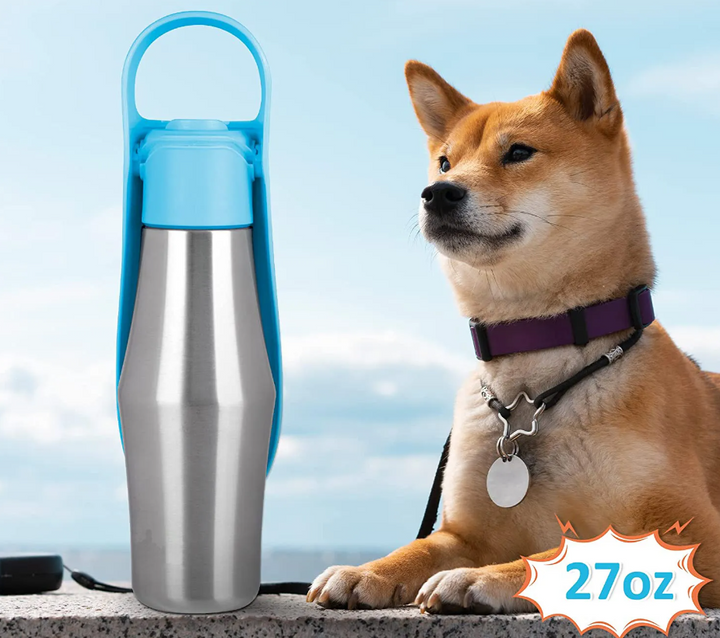 Edelstahl-Trinkflasche für Hunde, tragbarer Wasserspender mit integriertem faltbarem Napf, ideal für unterwegs.