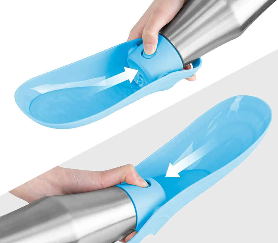 Edelstahl-Trinkflasche für Hunde, tragbarer Wasserspender mit integriertem faltbarem Napf, ideal für unterwegs.