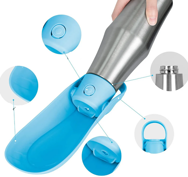 Edelstahl-Trinkflasche für Hunde, tragbarer Wasserspender mit integriertem faltbarem Napf, ideal für unterwegs.