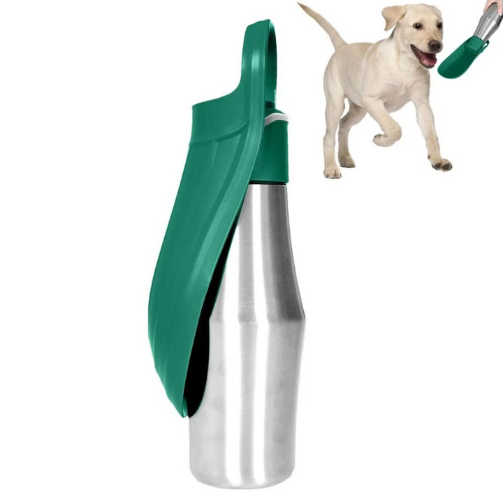 Edelstahl-Trinkflasche für Hunde, tragbarer Wasserspender mit integriertem faltbarem Napf, ideal für unterwegs.