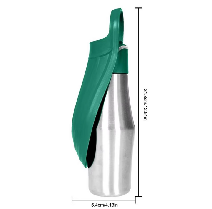 Edelstahl-Trinkflasche für Hunde, tragbarer Wasserspender mit integriertem faltbarem Napf, ideal für unterwegs.