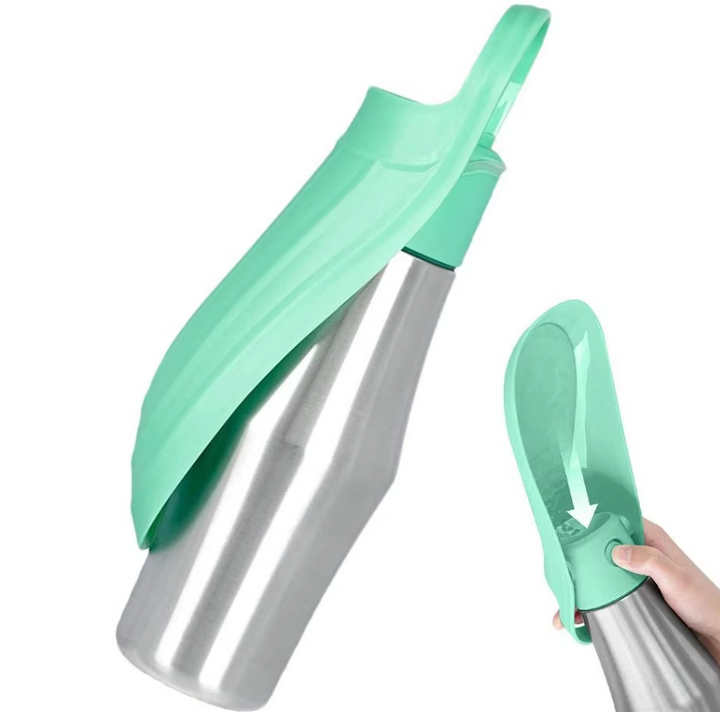 Edelstahl-Trinkflasche für Hunde, tragbarer Wasserspender mit integriertem faltbarem Napf, ideal für unterwegs.