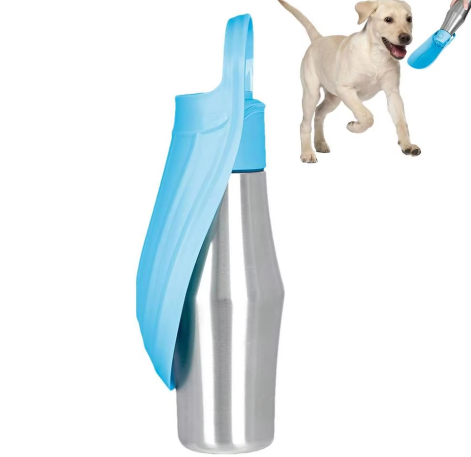 Edelstahl-Trinkflasche für Hunde, tragbarer Wasserspender mit integriertem faltbarem Napf, ideal für unterwegs.