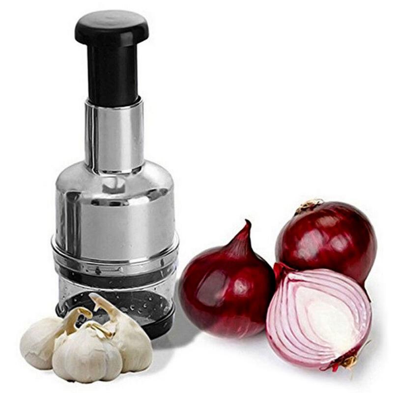 "Edelstahl Zwiebelhacker mit scharfer Klinge, zerkleinert Gemüse und Knoblauch präzise und schnell in der Küche."