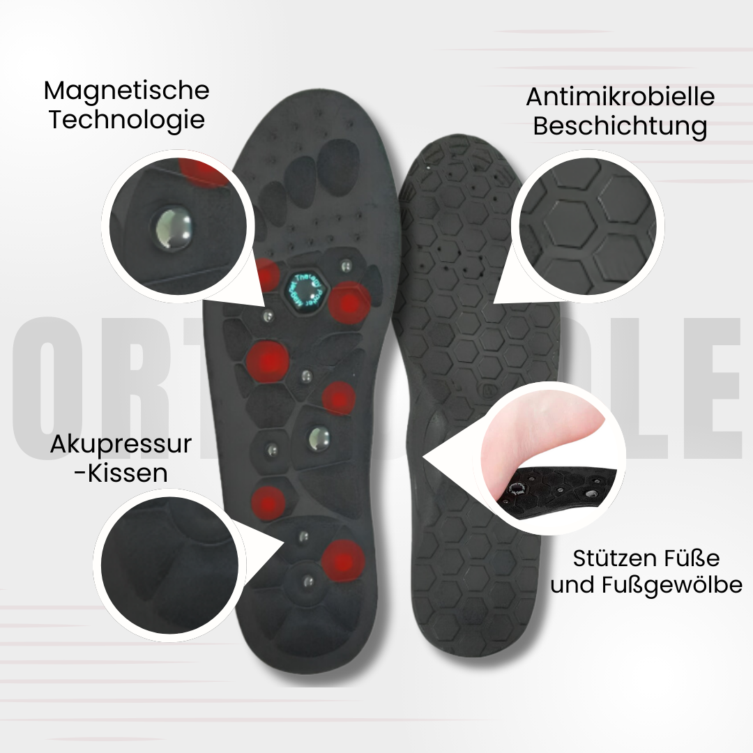 "Effektive Akupressur Orthosole Einlegesohlen in Frauenschuhen, bieten Komfort, Unterstützung und ermüdungsfreie Füße."