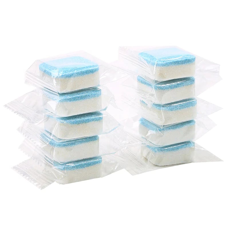 Effektive Waschmaschinenreinigungstabletten, blau-weiße Farbe, kompakt, um Rückstände und Gerüche zu entfernen.