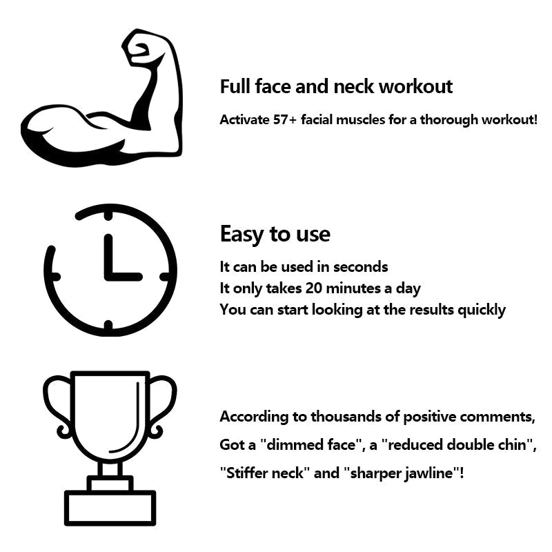 "Effektiver Gesichtsmuskeltrainer zur Kieferlinie-Stärkung, tragbar, aus sicherem Silikon, nebenbei abgebildet."