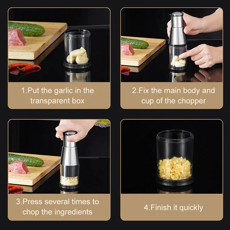 Effiziente Knoblauchpresse aus Edelstahl und Kunststoff, ergonomisch, leicht zu reinigen, kompaktes Design für die Küche.