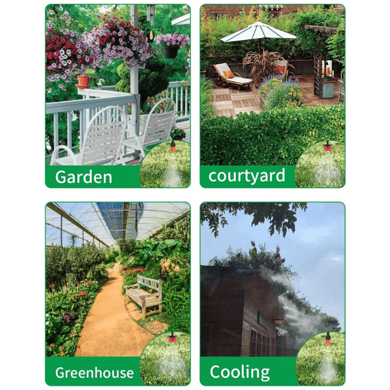 "Effizientes automatisches Bewässerungssystem mit feinen Düsen, spart Wasser und kühlt Garten und Terrasse um bis zu 5°C."