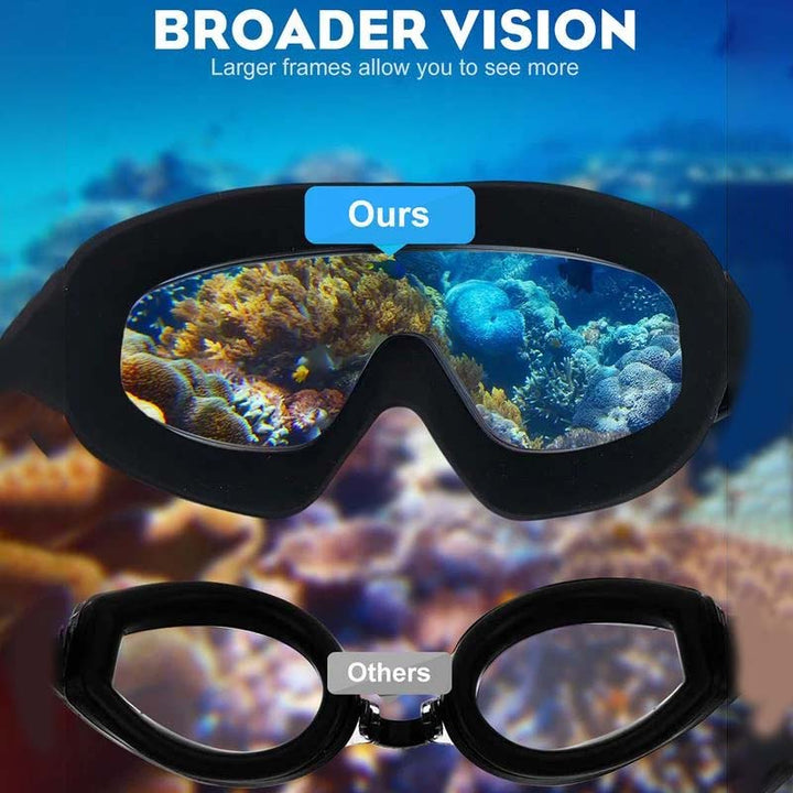 "Elegante Antibeschlag-Schwimmbrille mit Weitwinkelsicht und Silikonmasken für Komfort, in stilvollem Schwarz-Gold."