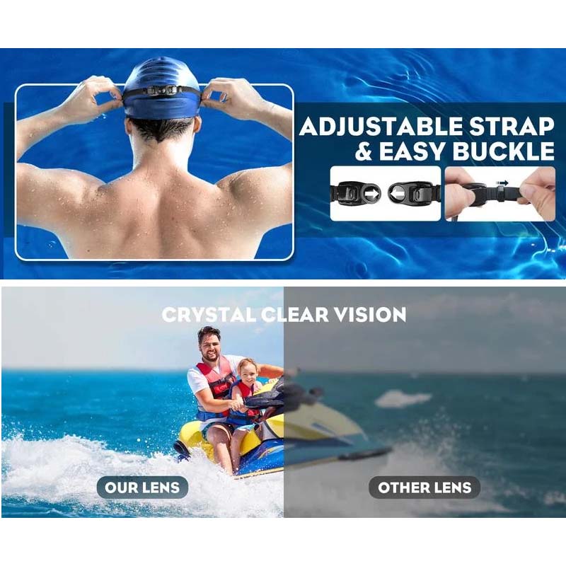 "Elegante Antibeschlag-Schwimmbrille mit Weitwinkelsicht und Silikonmasken für Komfort, in stilvollem Schwarz-Gold."