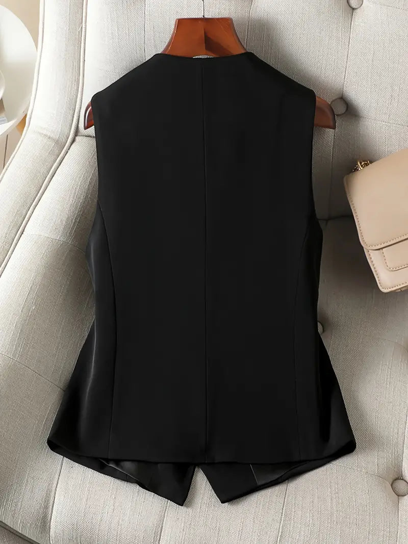 "Elegante ärmellose V-Ausschnitt Weste, vielseitig kombinierbar, in weichem Material, ideal für formelle und legere Anlässe."