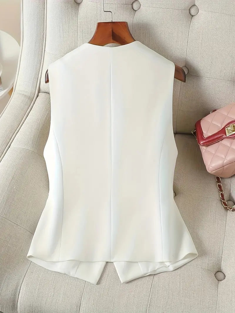 "Elegante ärmellose V-Ausschnitt Weste, vielseitig kombinierbar, in weichem Material, ideal für formelle und legere Anlässe."
