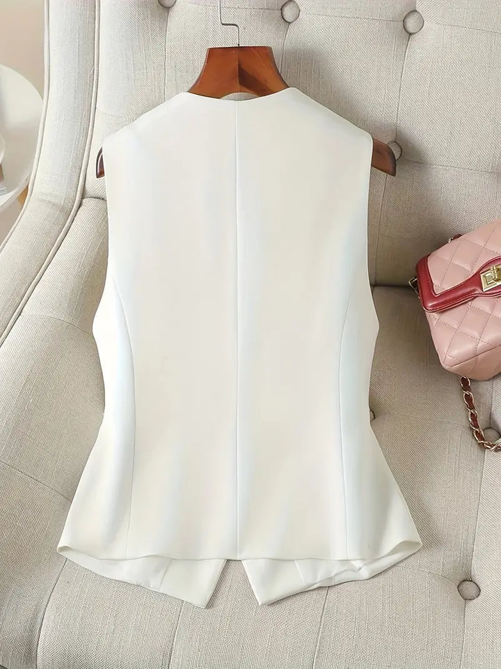 "Elegante ärmellose V-Ausschnitt Weste, vielseitig kombinierbar, in weichem Material, ideal für formelle und legere Anlässe."