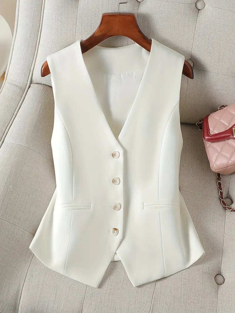 "Elegante ärmellose V-Ausschnitt Weste, vielseitig kombinierbar, in weichem Material, ideal für formelle und legere Anlässe."