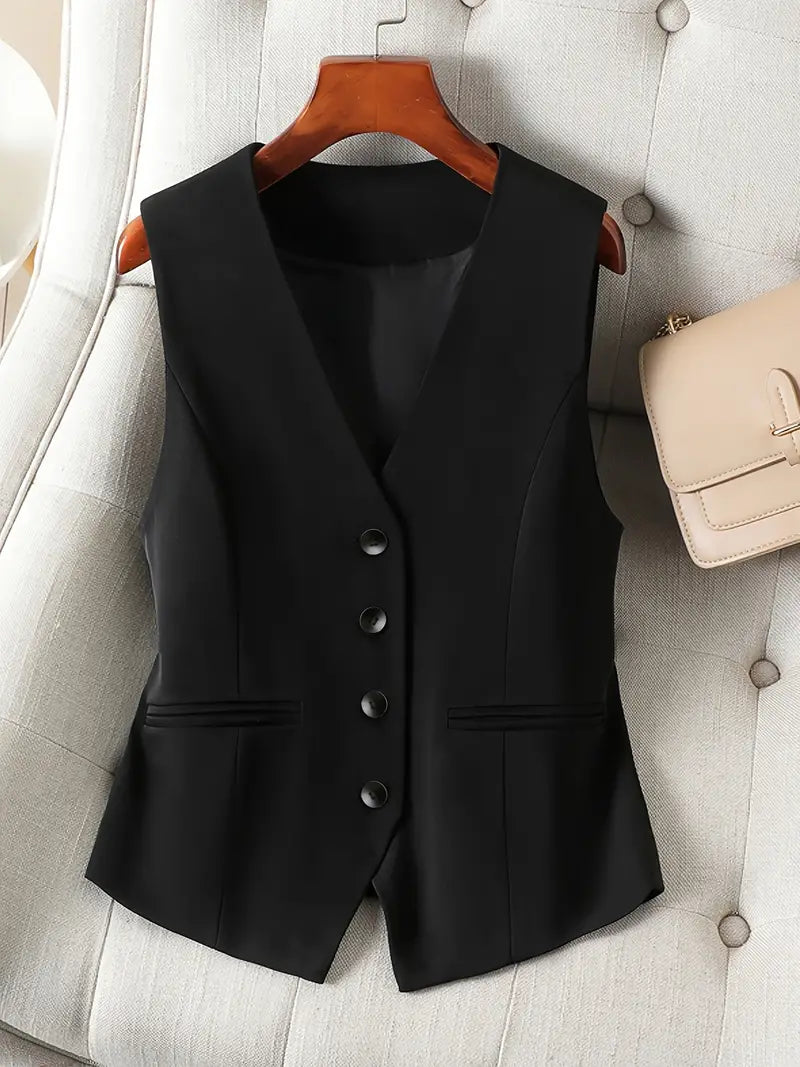 "Elegante ärmellose V-Ausschnitt Weste, vielseitig kombinierbar, in weichem Material, ideal für formelle und legere Anlässe."