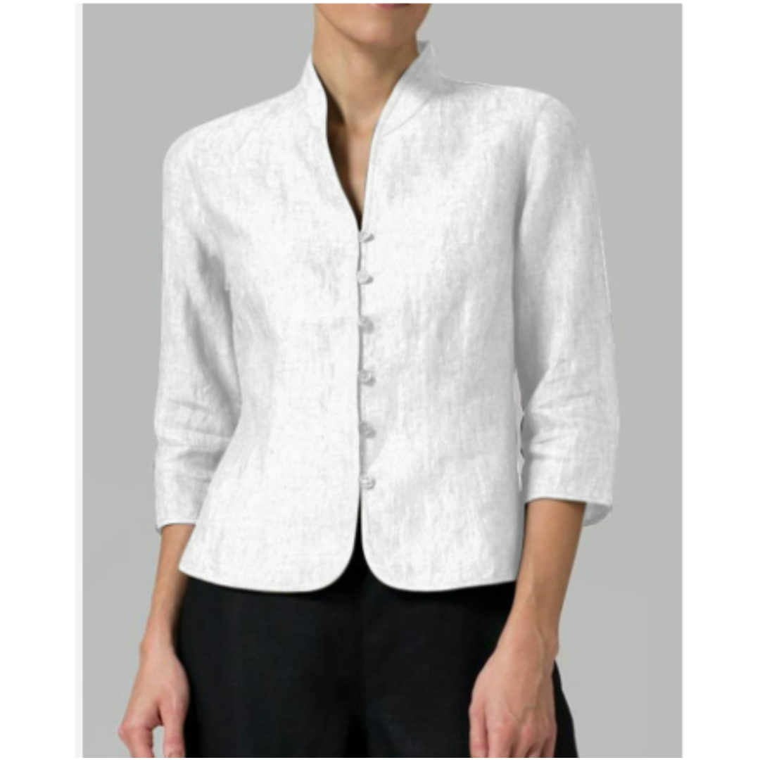 "Elegante Chambray Damenbluse mit Stehkragen, blauen Knöpfen und Dreiviertelärmeln, ideal für jeden Anlass."